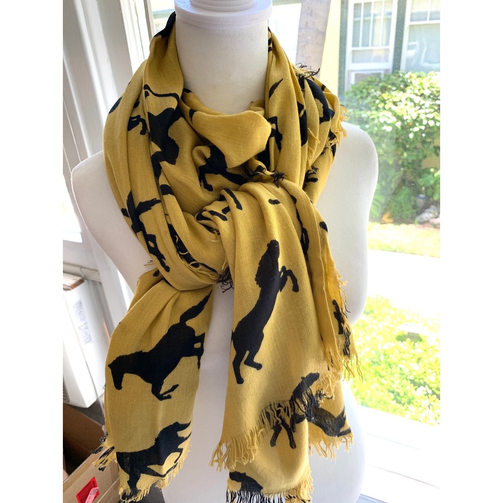 Western Horse Print Scarf 36 x 74 Frayed Edge Equestrian Mustard Yellow Black - Picture 4 of 8